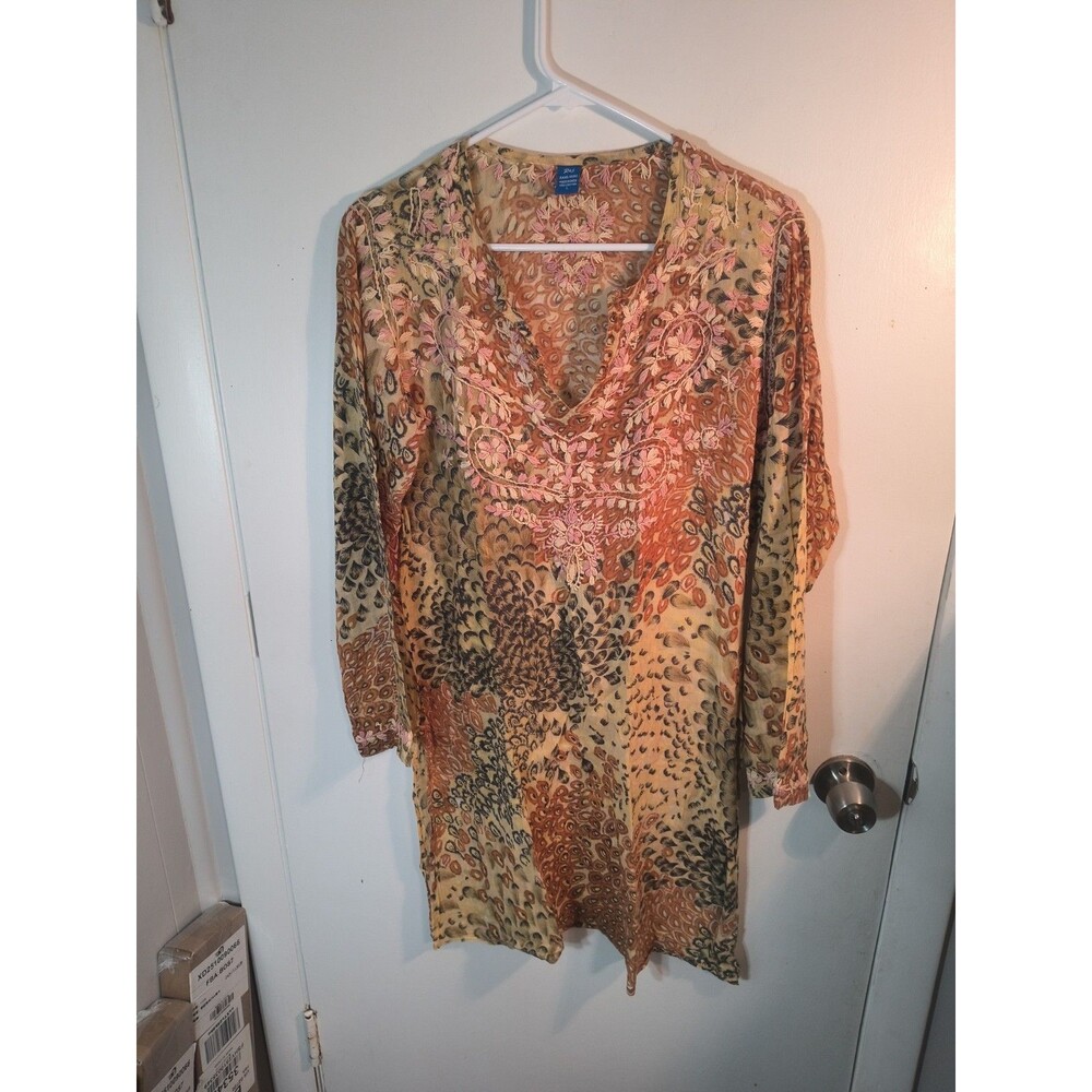 Raj Womens L Cotton Embroidered Tunic Top Boho Animal Paisley Print Blouse Large